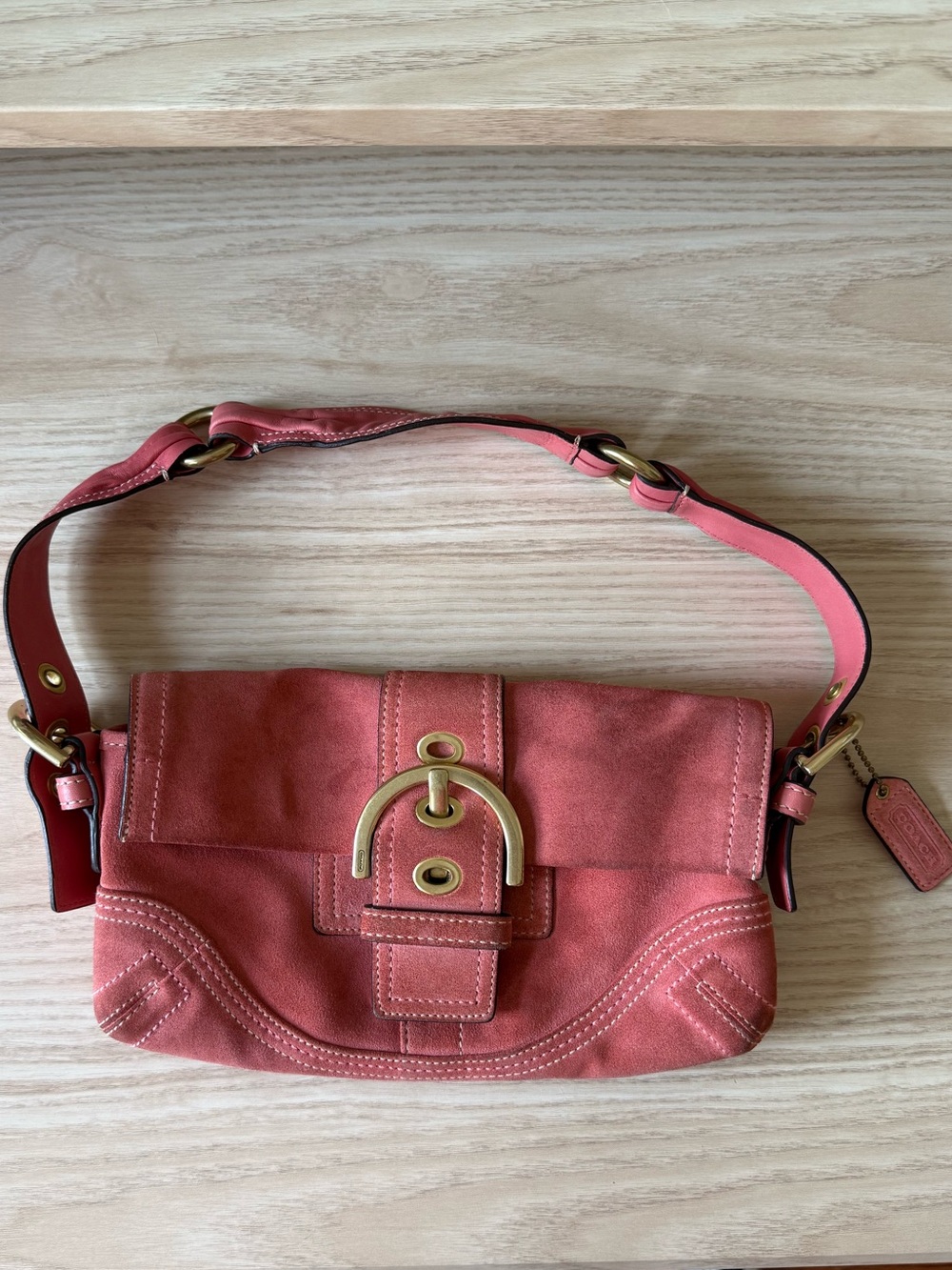 Coral Pink Suede Shoulder Bag with Gold Hardware